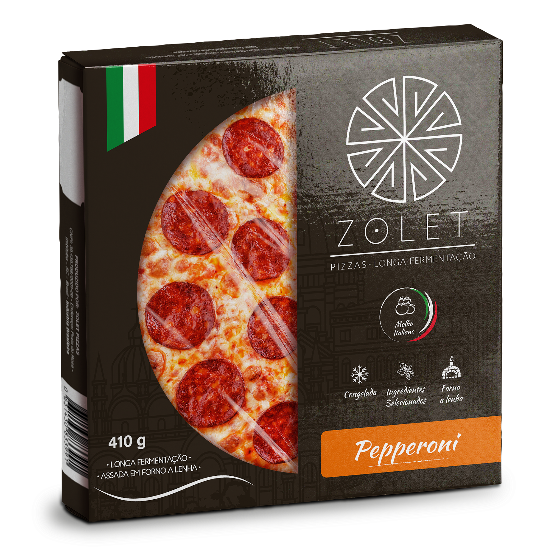Arte final da embalagem da Zolet Pizzas, em formato de cartucho escuro, com tipografia imitando giz, selos brancos atestando forno a lenha e ingredientes frescos, e o sabor 4 Formaggi em destaque amarelo.