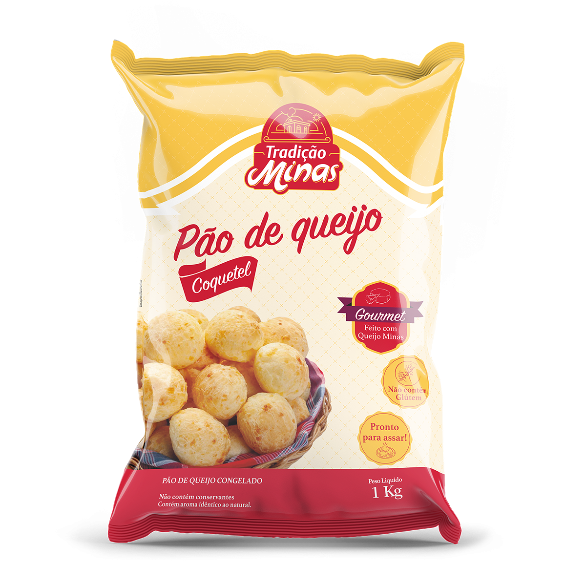 Embalagem de Pão de Queijo Coquetel Tradição Minas de 1kg. Gourmet, sem glúten e pronto para assar